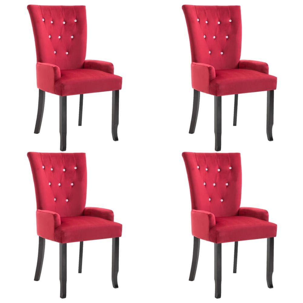 Vidaxl Jedálenské stoličky s opierkami 4 ks červené zamatové
